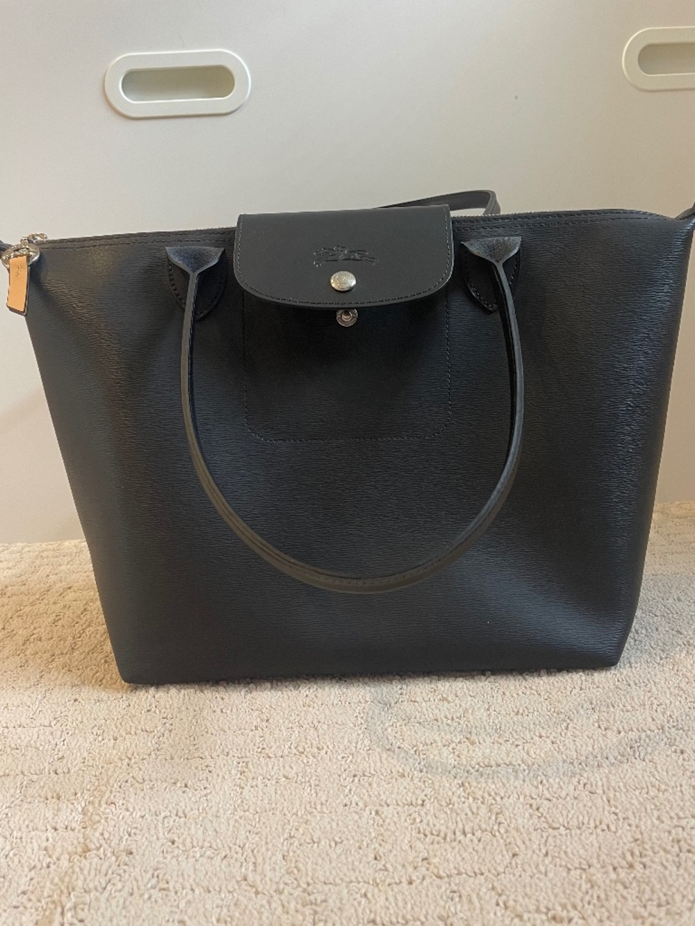 Longchamp Black Leather Medium Le Pliage Tote